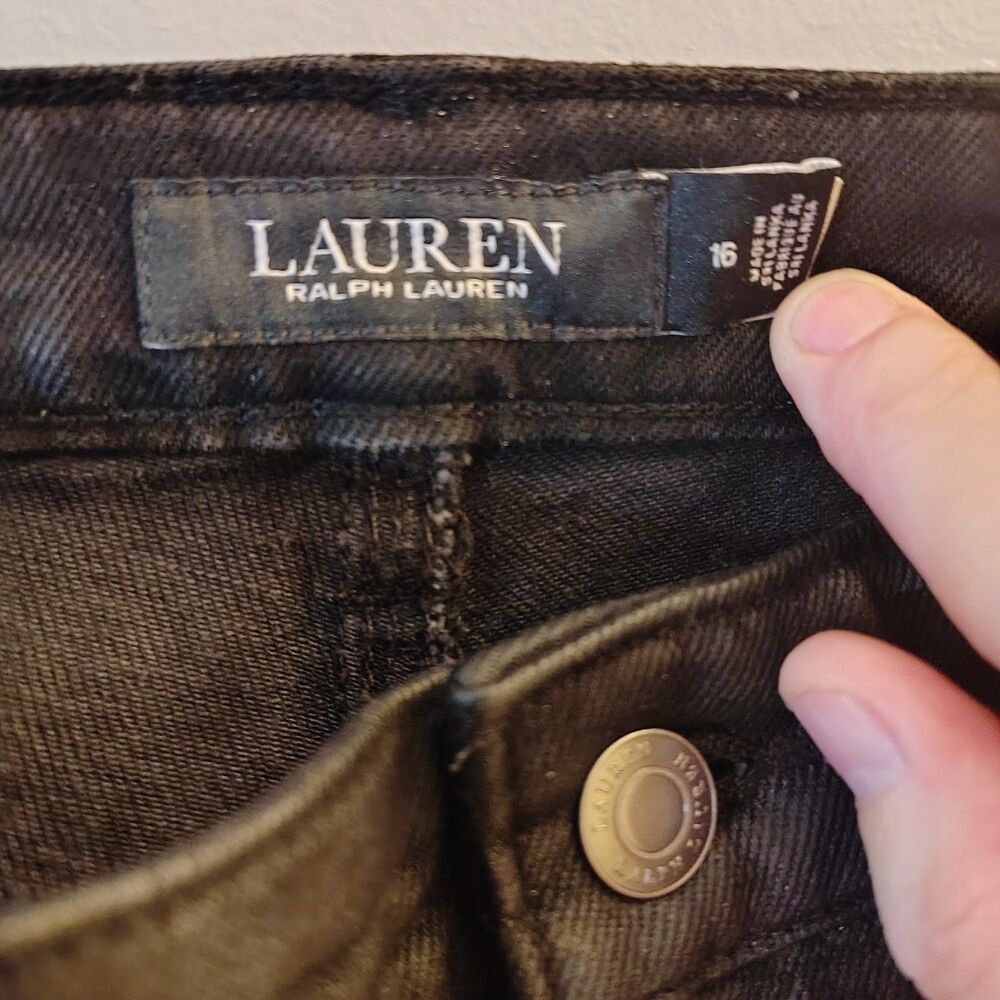 Lauren Ralph Lauren Coated Black Jeans 16 Waxed Leather Look Wide LRL 5 Pocket - Picture 7 of 12